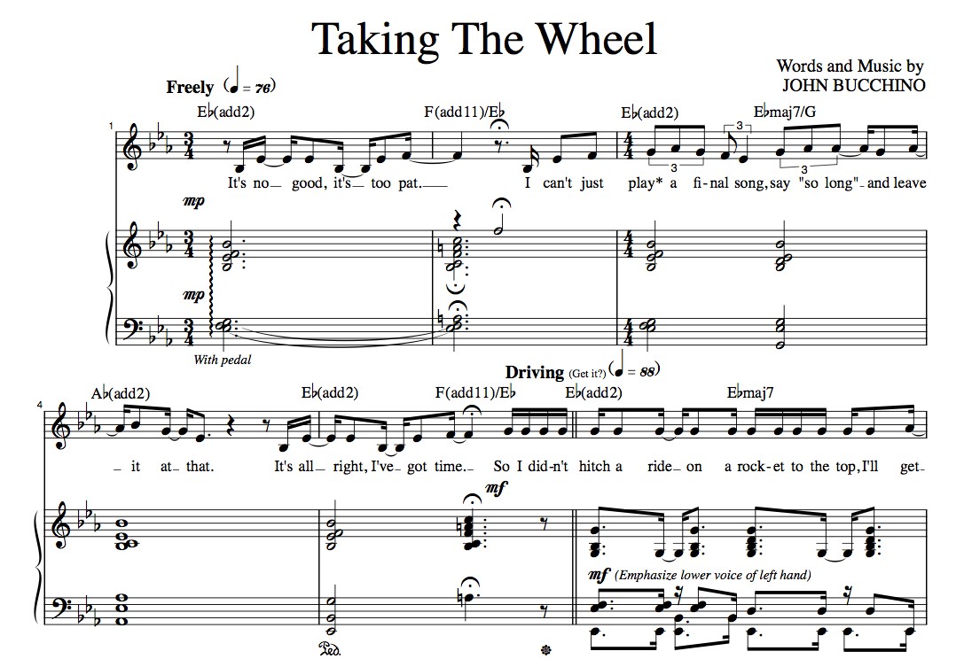 “Taking The Wheel” [Dynamic up-tempo] in Eb – Bass-Baritone or Soprano